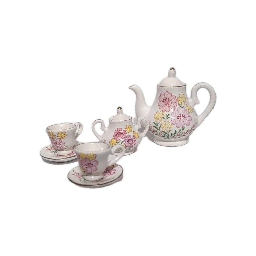 Dollhouse Set Of Miniature Ceramic Plates, Teapot, Cups, & Cream Vintage Flowers
